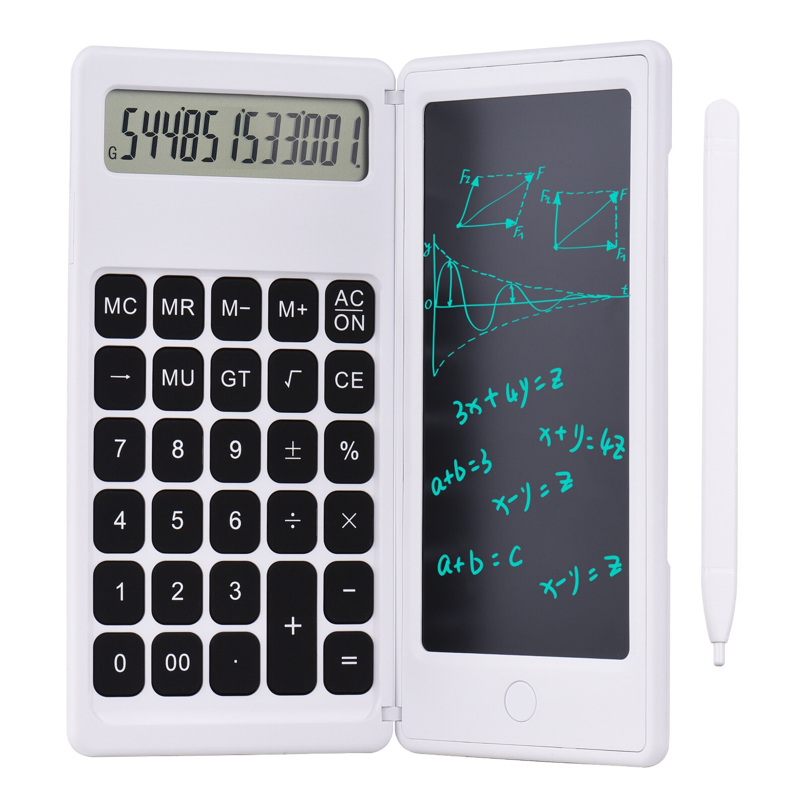 6 Inch LCD Writing Tablet Foldable Calculator Digital Drawing Pad 12 Digits Display with Stylus Pen Erase Button for School: white