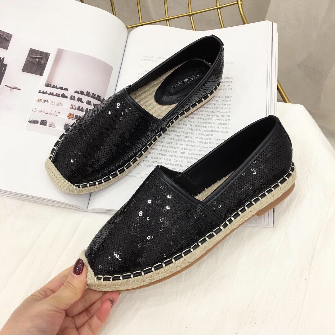 Alpargatas con lentejuelas, mocasines de cáñamo para mujeres, costura concisa, Slip On, punta redonda, mocasines de para mujeres, estilo Casual, Color sólido,: Black / 39