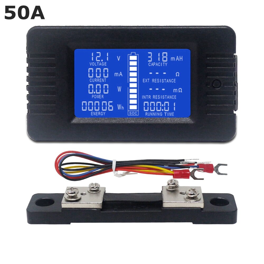 DC Voltmeter Ammeter 0-200V 10A/50A/100A/200A/300A Power Energy Meter Inpedance Capacity Running Time SOC Monitor: with 50A shunt