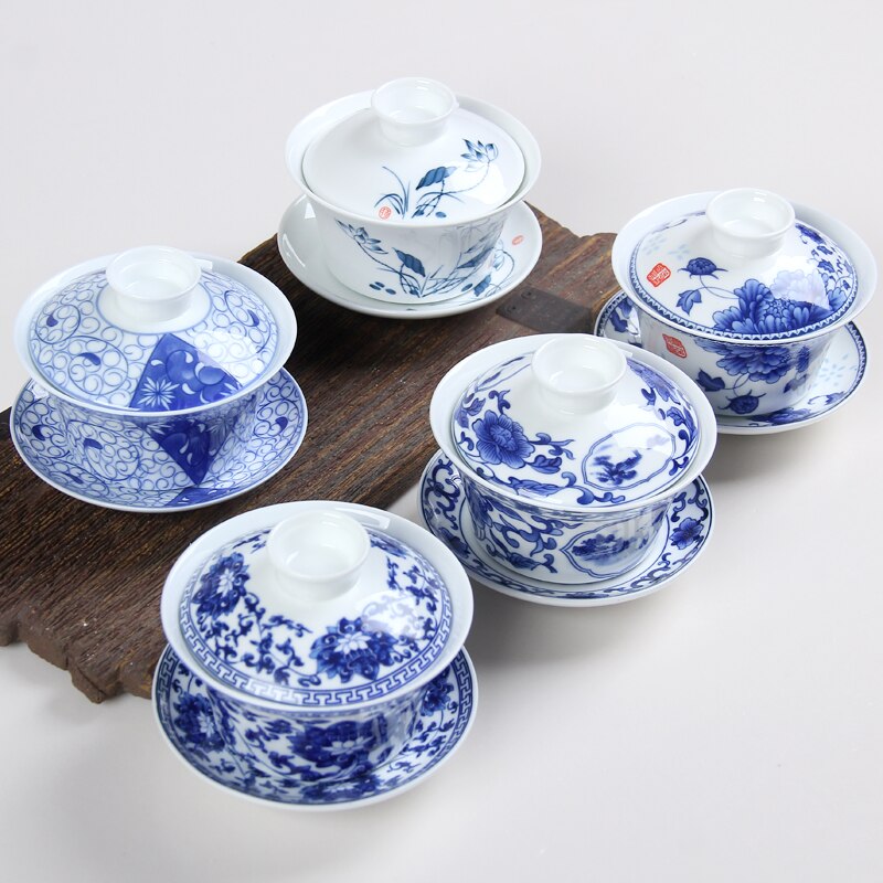 Large Blue and White Porcelain Gaiwan 250ml Ceramic Cover Bowl Jingdezhen Sancai Bowl Respect Tea Bowl Chinese Tea Set