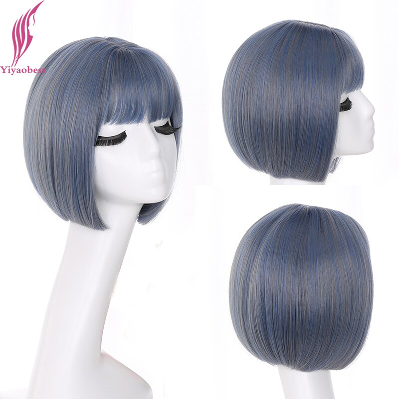 Peluca recta con corte Bob estilo coreano Yiyaobess, con flequillo, pelo sintético Natural, pelucas para mujer cortas de color marrón, negro, lino, gris, azul y Rubio