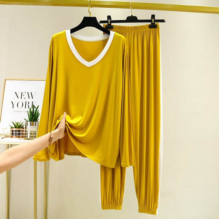 Fdfklak 2PCS Pajama Sets Women Autumn Long Sleeve Solid Modal Loose Breathable Soft Home Clothing Comfortable Sleeping Suits: yellow / XL
