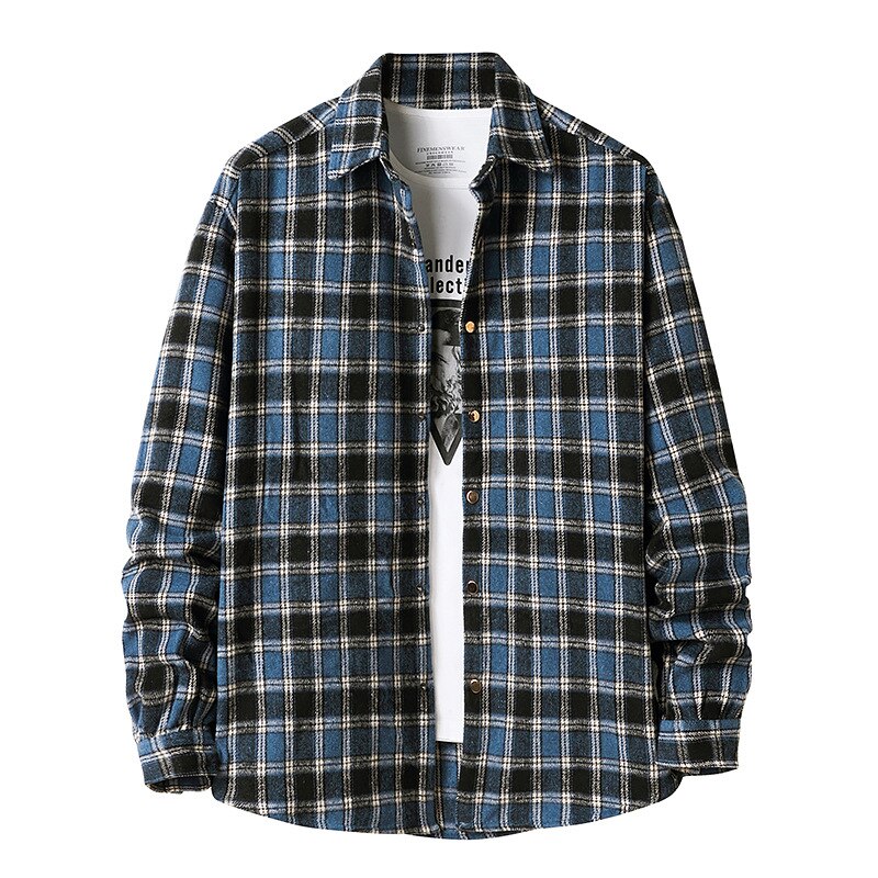 Men Flannel plaid shirt men's Casual Long Sleeve Shirt Soft Comfort Slim Fit Styles Brand Man Plus Size: Blue / S