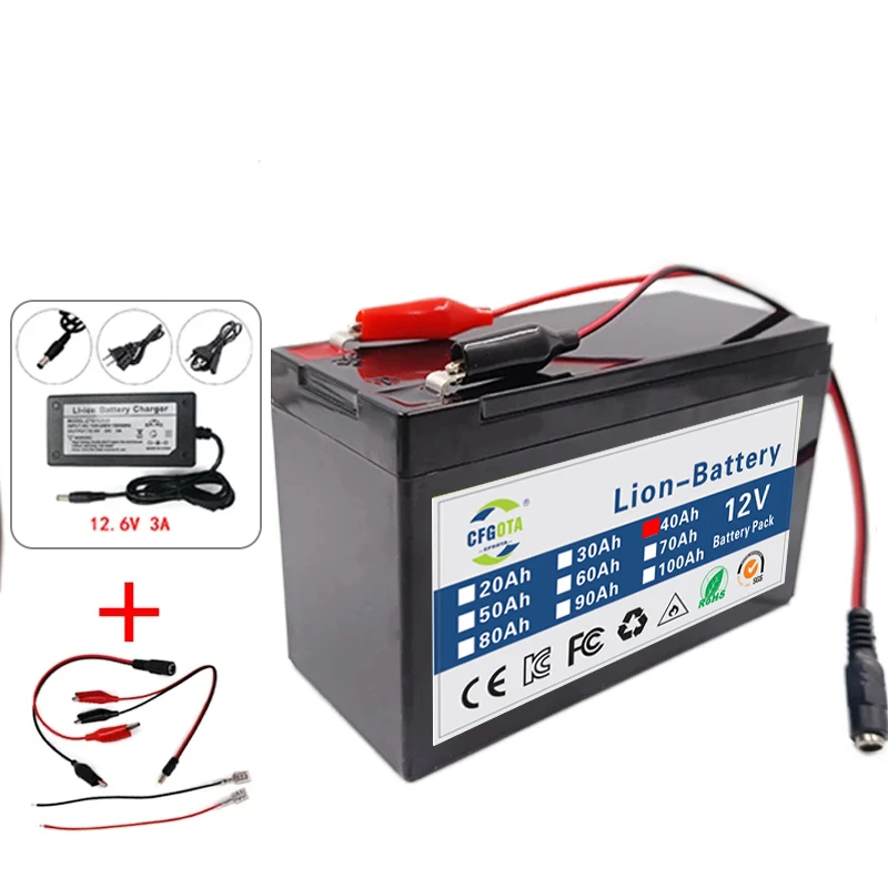 12V 40Ah lithium Battery Pack Lithium Iron Phosphate Batteries Built-in BMS For Solar Boat+12.6V Charger