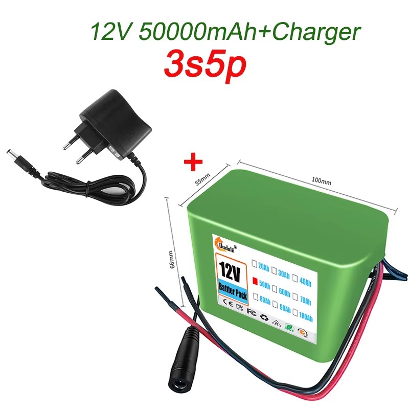 12V 50000mAh Lithium Battery Pack 18650 Rechargeable Battery With BMS Charger 3S5P For Fishing Bicycle Large Capacity Batteries: GRAY