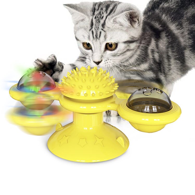 Vindmølle kat legetøj pladespiller drilleri interaktiv kattebørste med katnip kat skraber kæledyr kugle leg leg legetøj forsyninger tænder molar: Gul
