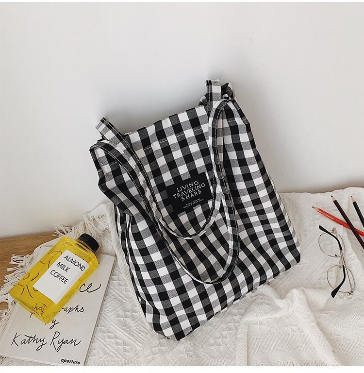 Mode Duurzaam Vrouwen Student Katoen Linnen Enkele Schoudertas Shopping Tote Check Plaid Vrouwelijke Vlas Canvas Boodschappentassen: Black