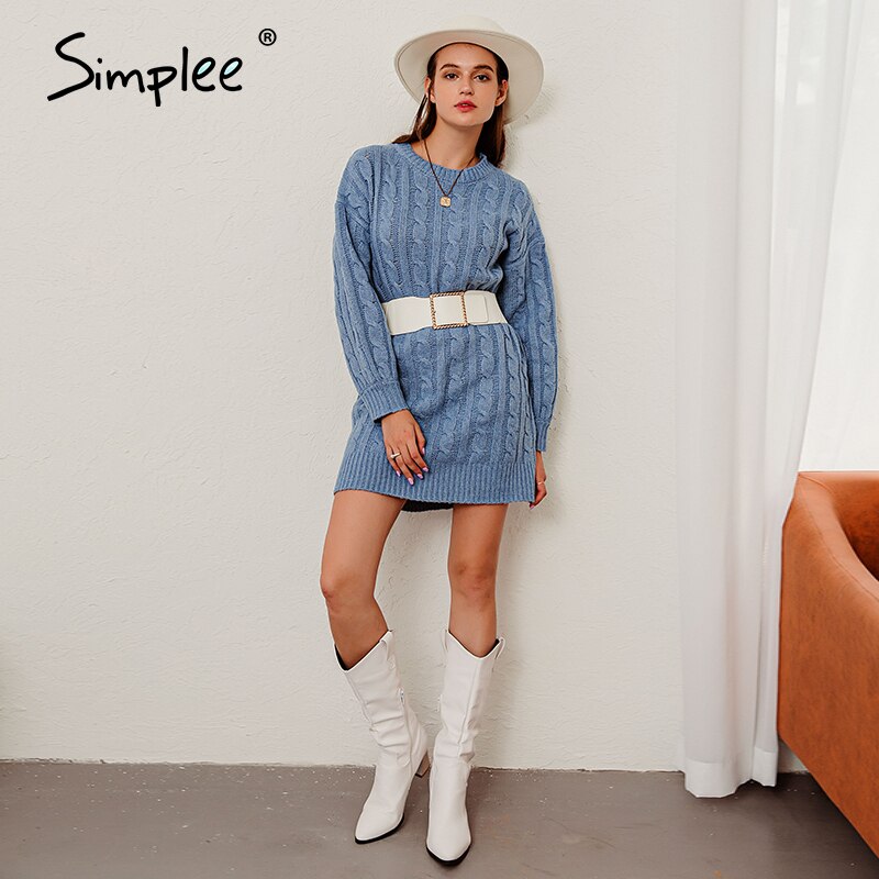 Simplee Causal blue autumn winter women knitted dress o-neck long sleeves straight dress basic sweater dress