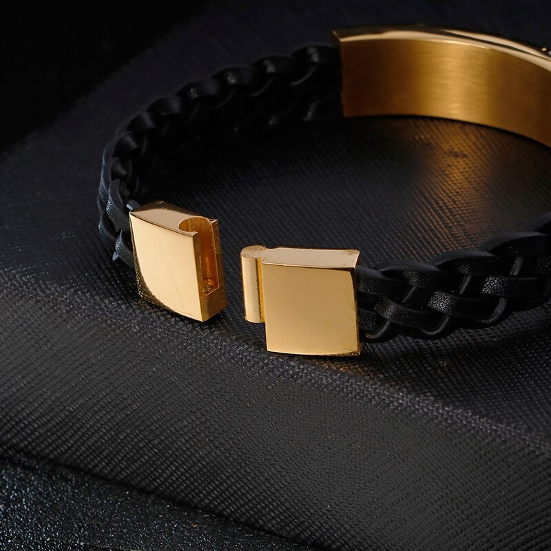 Men's Leather Bracelet - Gold & Silver Tone Stainless Steel Band - Punk Street Style Geometric Jewelry