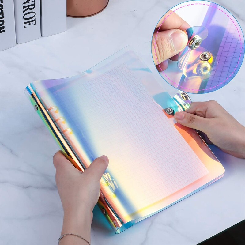 2 Pcs A6 6-Ring Rainbow Clear PVC Binder Cover Refillable Notebook Binder Protector Loose Leaf Planner Binder Cover