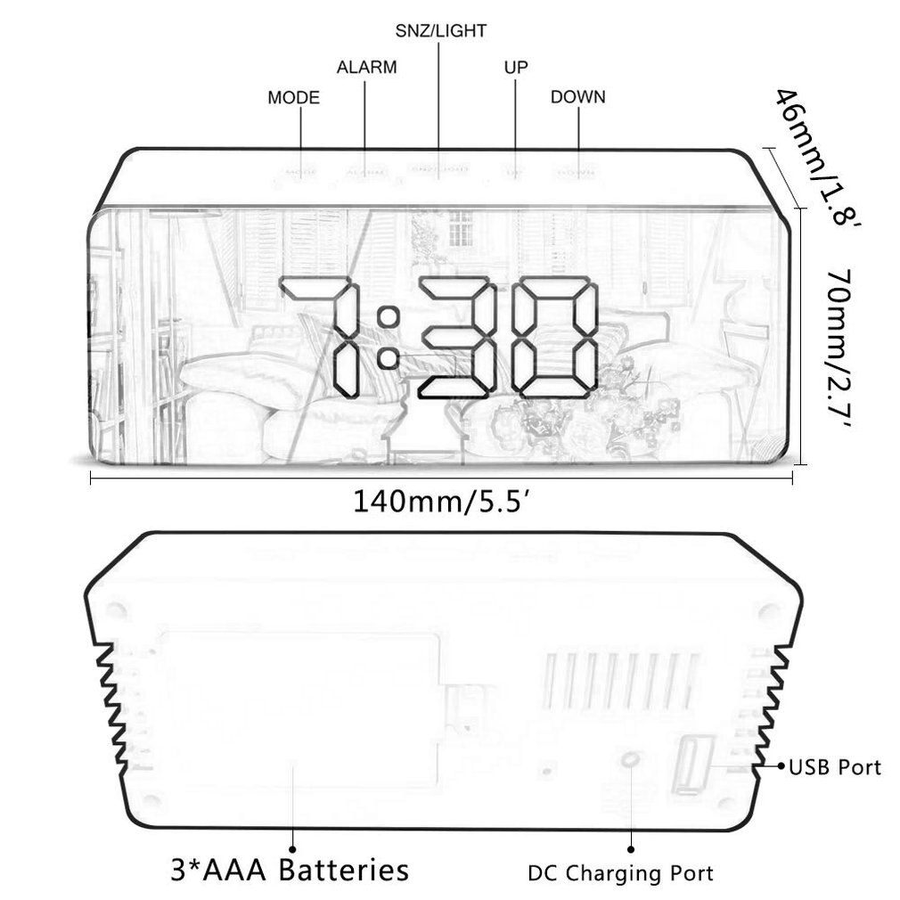 LED Temperature Display Digital Mirror Alarm Clock With Snooze Time Adjustable Brightness For Bedroom Office