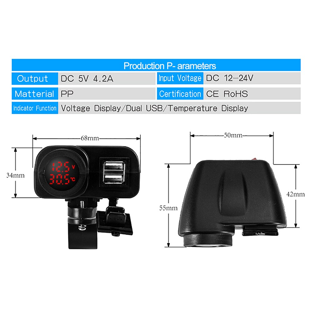 Motorcycle Dual Usb Charger 12V 4.2A Moto 2.1A + 2.1A 12V Naar 5V 15W Usb lader Met Led Display Sockets Aan-uit Schakelaar