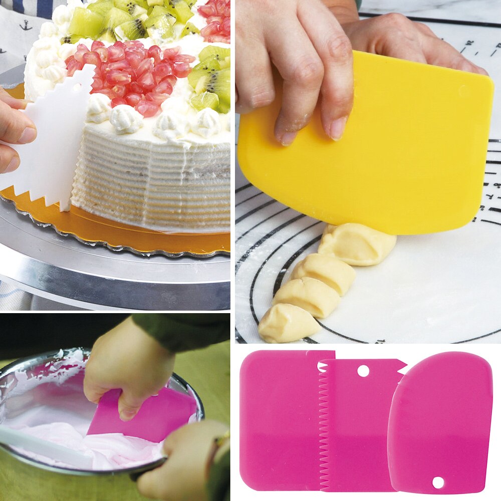 3 stk/sett plastdeigkniv glasur fondantskrape taggete kant vanlig glatt kakepadle kakespader baking konditorverktøy