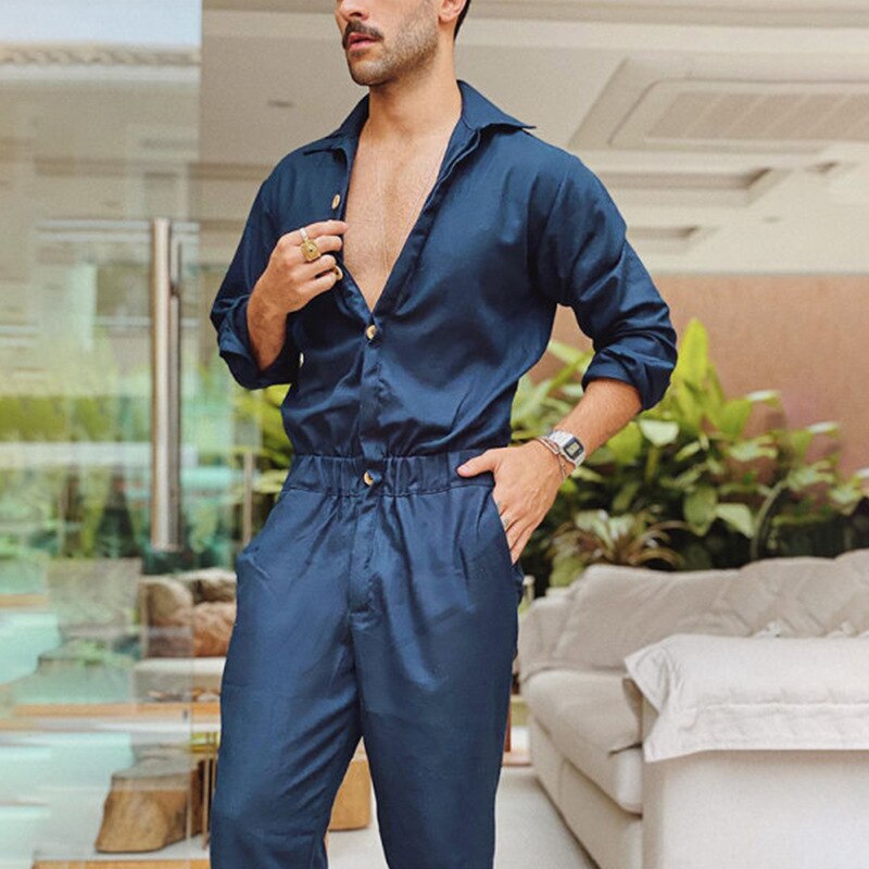 Lange mouwen heren rompers heren jumpsuits met knoopjes effen eendelig cargo overalls zakken streetwear coole heren cargobroeken