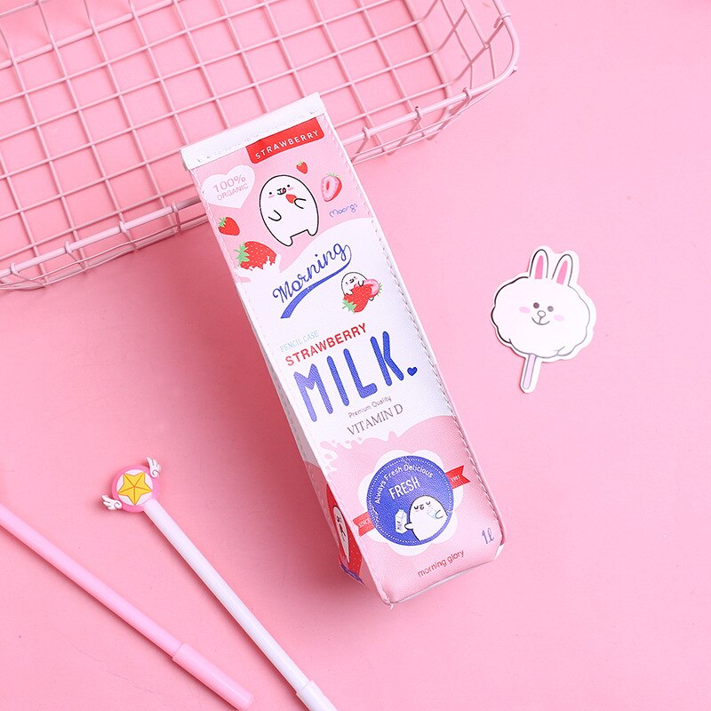 Preciosa caja de leche de vaca forma monedero pequeño bolso de dibujos animados estudiantes papelería almacenamiento caso aguacate organizador bolsa con cremallera para niños: 10