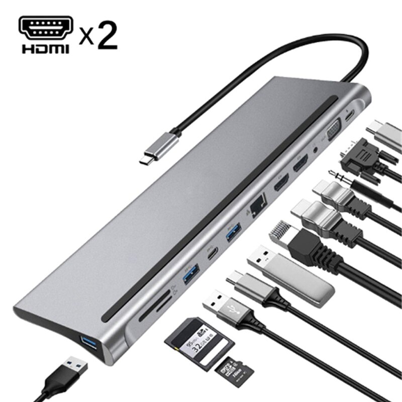 USB C HUB A HDMI 12 In1 VGA RJ45 Gigabit Ethernet Adattatore di Alimentazione Dock PD Caricatore