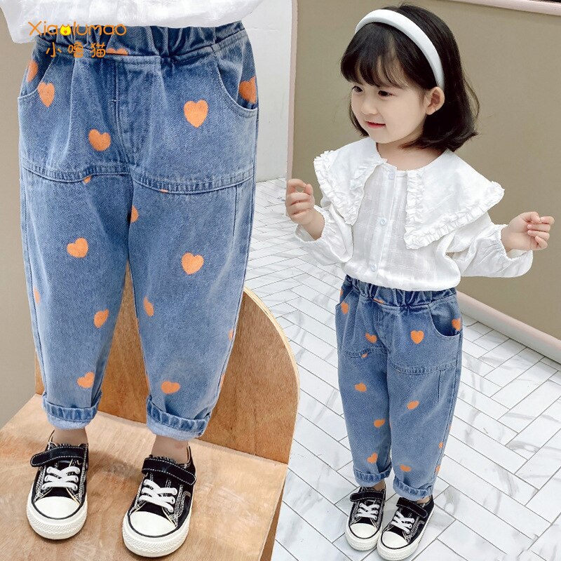 Baby piger jeans hjerte print denim bukser til piger elastisk talje børne jeans med hul efterårs nyhedstøj til  i3-8y