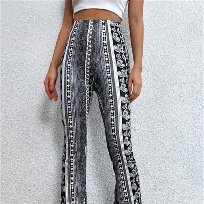 Fashionable high elasticity tight fitting micro flared printed casual pants