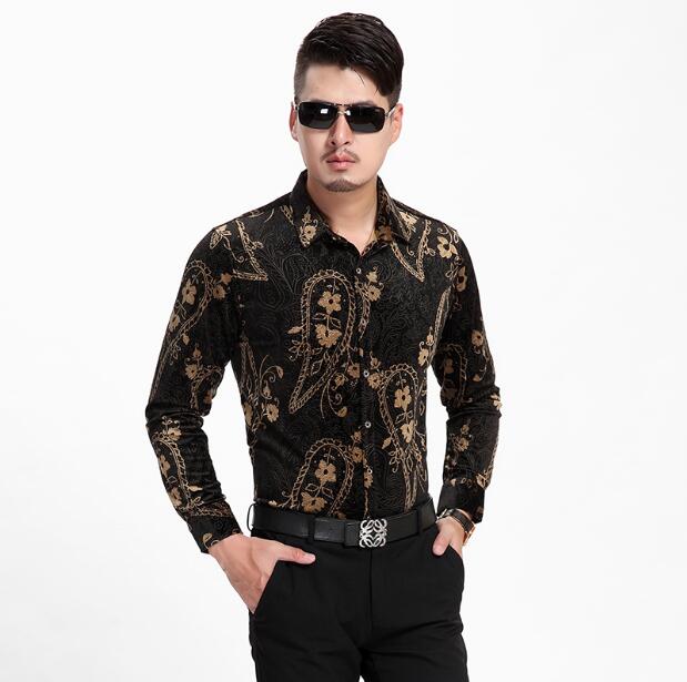 Zijden overhemden gouden fluwelen herenoverhemden lente herfst zijden fluwelen herenoverhemden met bloemen slim fit zeer goed: Geel / S