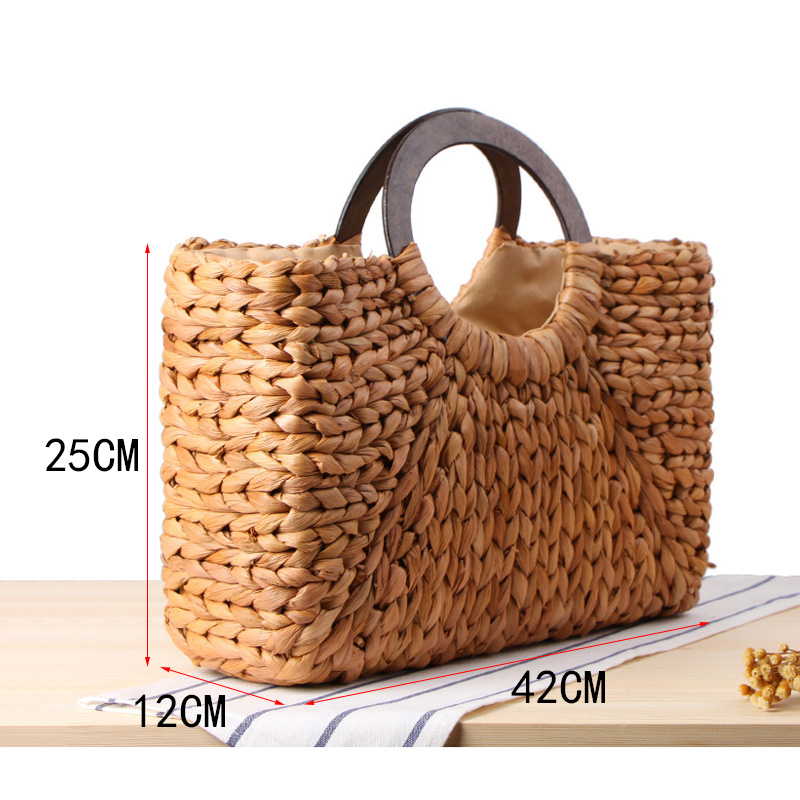 Bohème femmes sac à main à la main sac de paille naturel tissage été plage sacs rond manche en bois femme sac fourre-tout panier