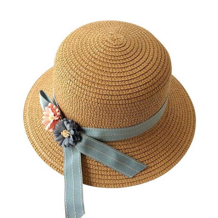 Chapeau de paille à fleurs pour filles, Panama, casquette de soleil pour enfants, chapeaux d&#39;été pour bébés: Marron