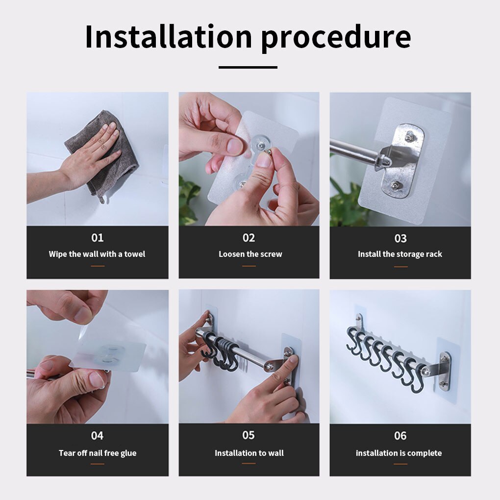 Wall Mount Kitchen Utensil Holder Rotating Stainless Steel Rack Rail Hanger Hook Organizer for Spoon Pot Pan