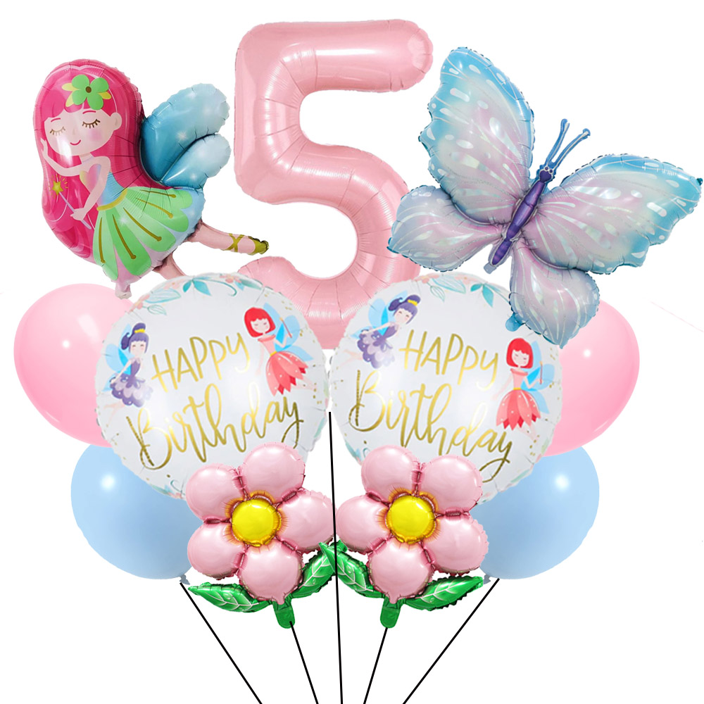 Juego de globos de hadas y flores, globos de mariposa, decoraciones de 1 a 9 cumpleaños para niñas, suministros de decoración para de cumpleaños con tema de mariposa: iridescent