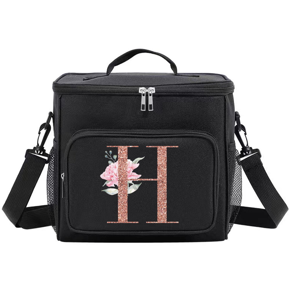 Multi-Pocket Lunch Box for College Student Black Color Food Tote Bag Storage Bag Organizer Bento Rose Gold Series Printing: Dark Grey