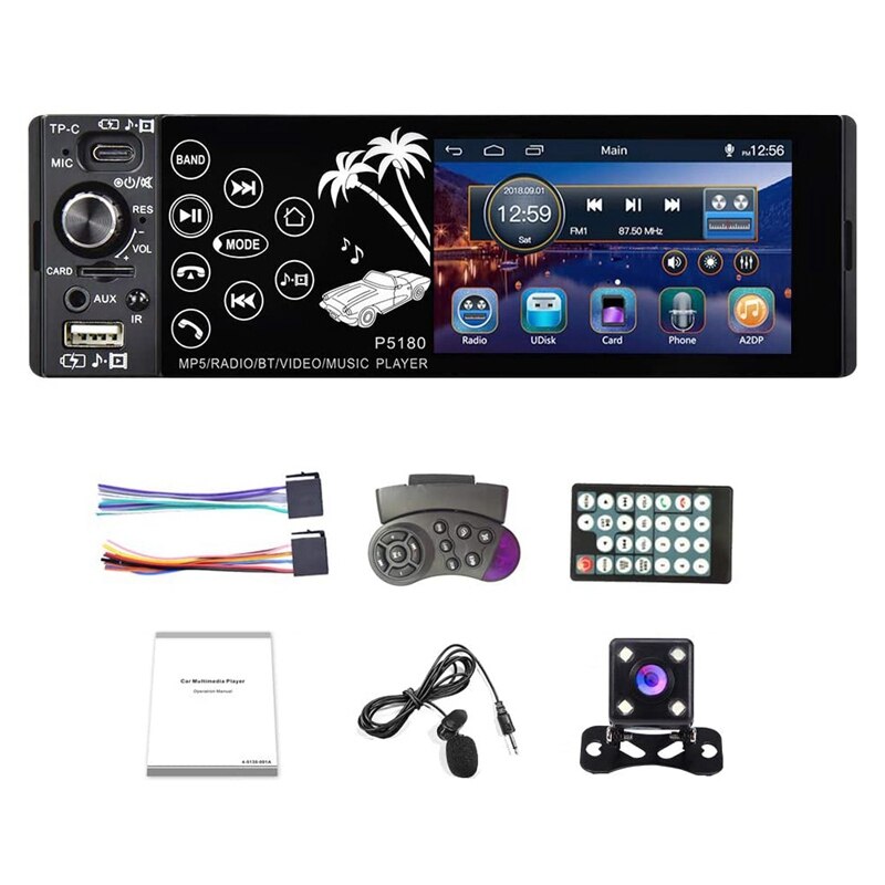 Enkele Din Bluetooth Autoradio Druk Screen Auto Fm Radio Ontvanger Met Usb/Type-C/Aux-in/Tf-kaart Poort MP5 Speler