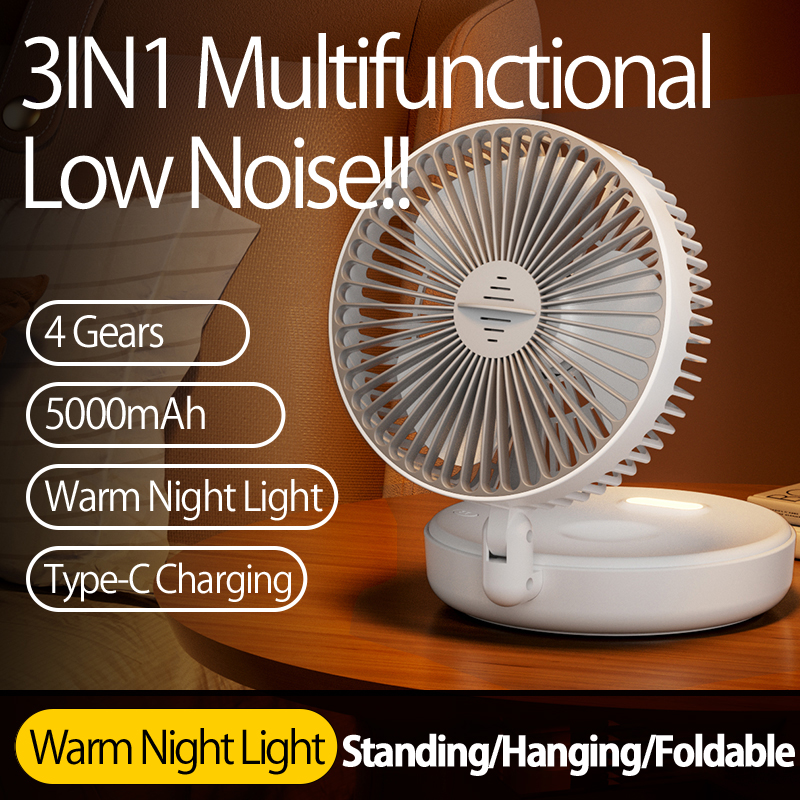 2024 Neuer Stil 5000 mAh kleiner tragbarer Ventilator, wiederaufladbarer Wandventilator 90 ° Faltbarer Tischventilator mit 4 Gängen und warmem Nachtlicht