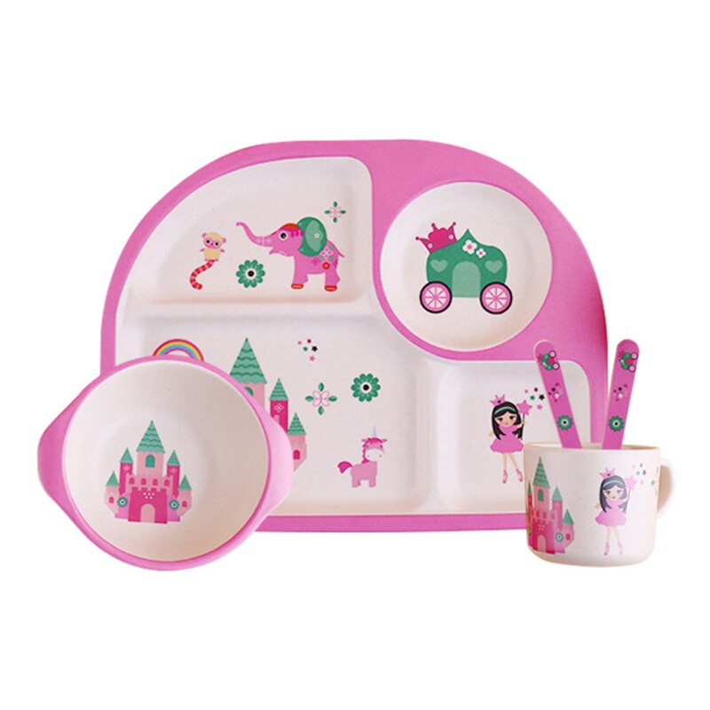 5 stuks/set baby schattige cartoon eetgerei kinder dinerbord peuter eetbakjes baby kinderen oefenkom lepel vork: Roze