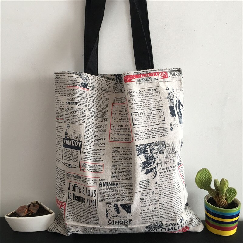 Bolso grande de hombro para compras YILE, algodón, lino, Eco Market, estampado de ilustración, periódico 8417d