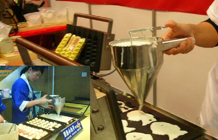 Stainless Steel Takoyaki Funnel Waffle Maker Dispenser Octopus Tools with Rack