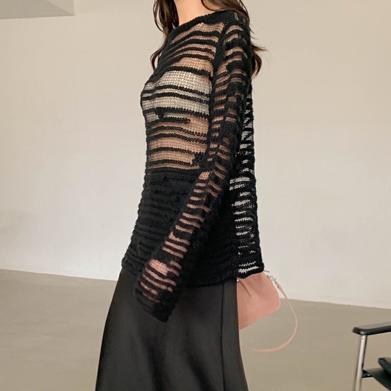 Karrcat gotisk uthulet genser grunge broderi strikket genser mørk estetisk gjennomsiktig genser koreansk streetwear