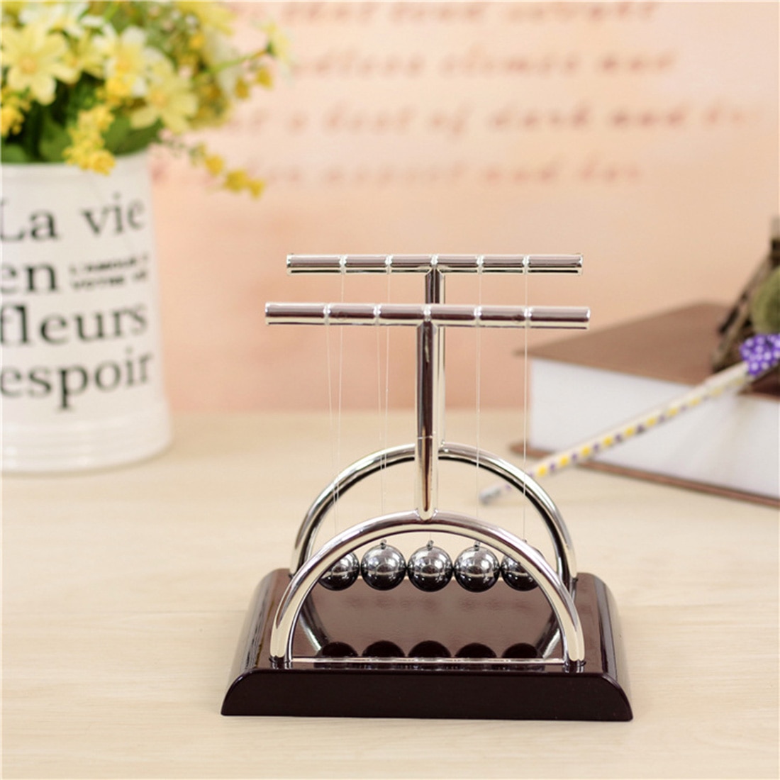 Surwish T Shaped Newton Cradle Balance Ball Science Puzzle Fun Desk Toy Stress Reliever