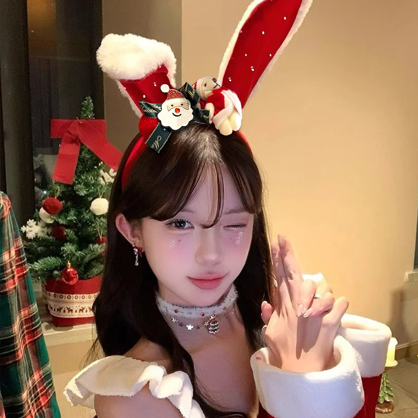 Adorable gorro navideño, disfraz de vacaciones, diadema para niños y adultos, pequeño, accesorio para fotografía, estilo dulce y fresco 2026: Beige