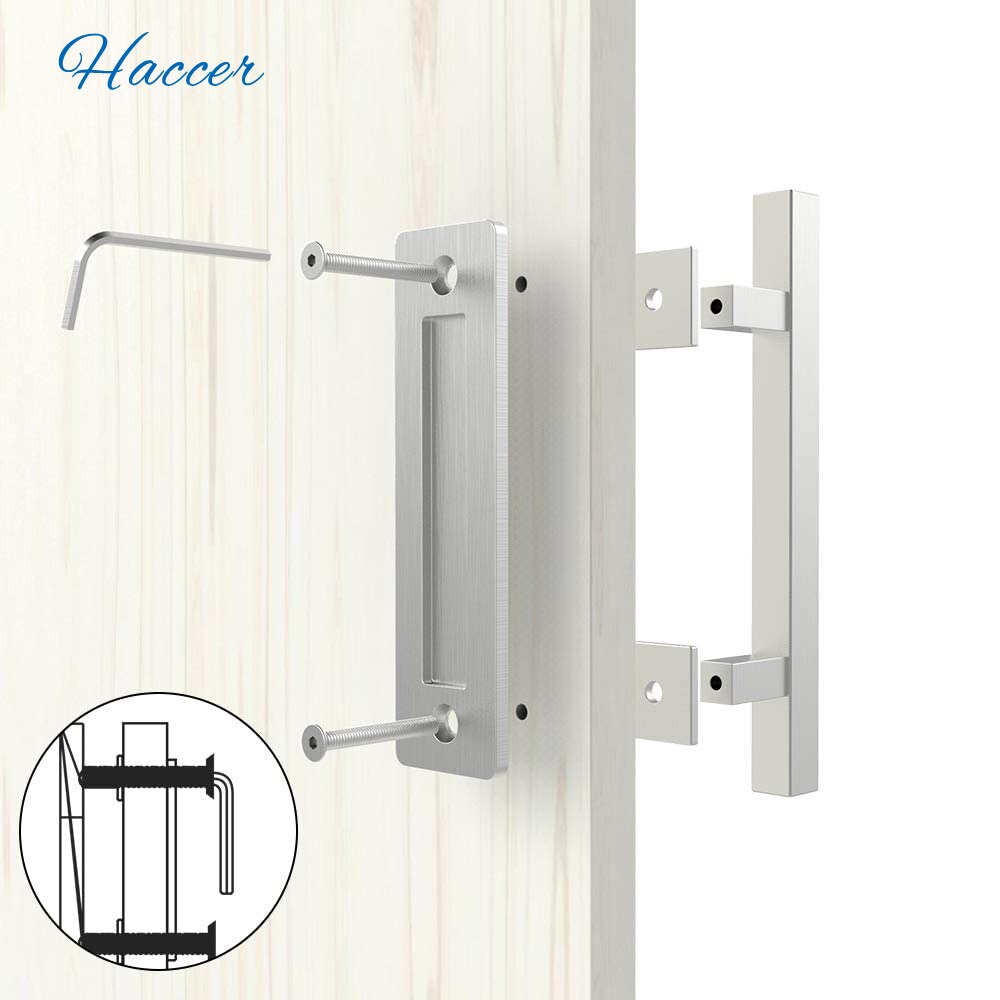 HACCER 12&quot; Heavy Duty Pull Handle Sliding Barn Door Handle Flush Pull Set Carbon/Stainless Steel Square Shape Door Hardware