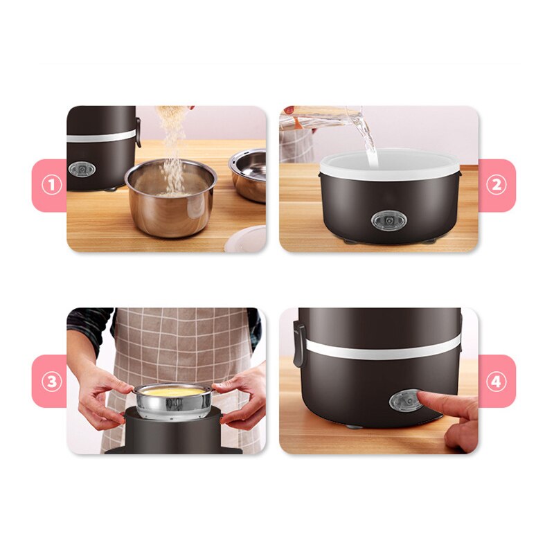 2L 220V Home Electric Lunch Box Stainless Steel Office School Rice Cooker Portable Food Warmer Container Heating Bento Box Set