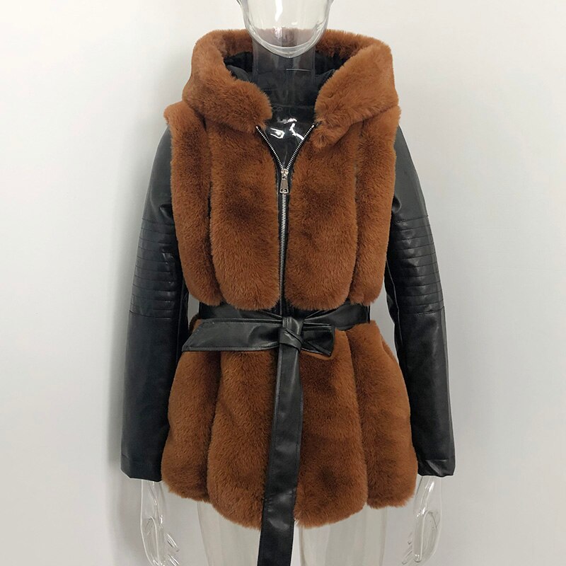 AGong-abrigos de piel sintética con capucha gruesa para mujer, chaquetas de retales de cuero PU a la , abrigos de manga larga elegantes para mujer