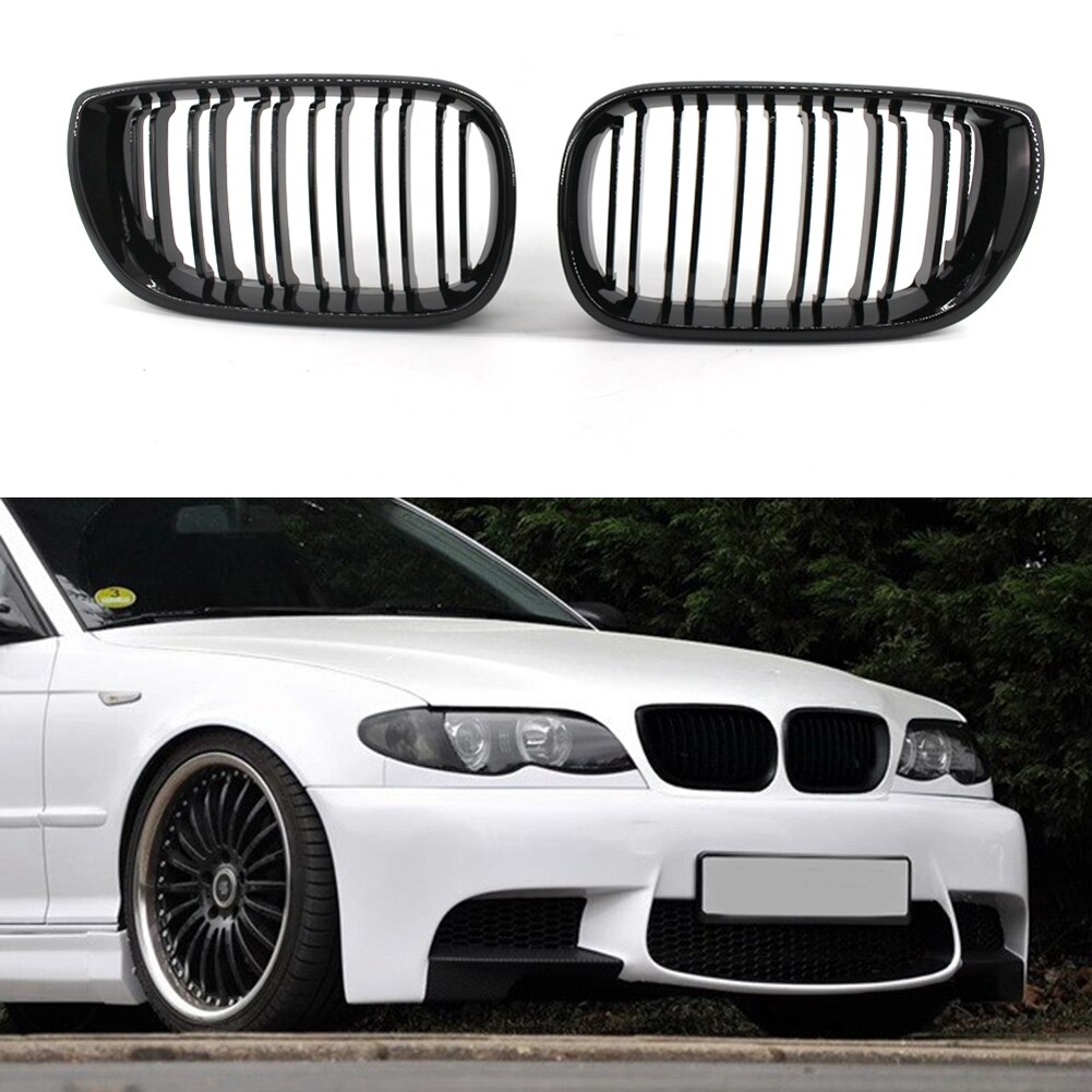 1 Paar Auto Grille Grill Dual Slat Nier Grille Gloss Black Voor Bmw E46 3 Serie 4 Deur 2002-2005 Dubbele Lijn Nier Grill