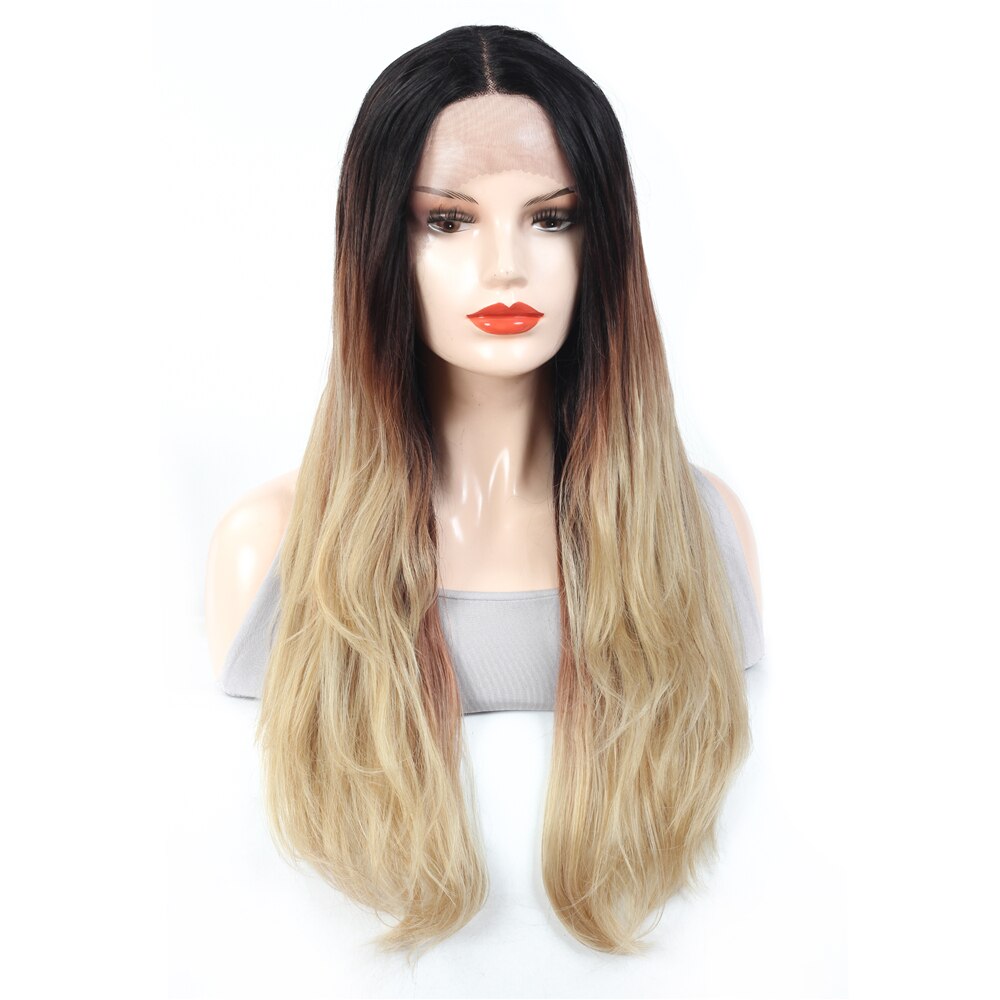 X-lokket lange vannbølgede parykker blande lilla midtdel blondere ombre parykk naturlig bølget syntetisk parykk høy temperatur fiber hår: R3437