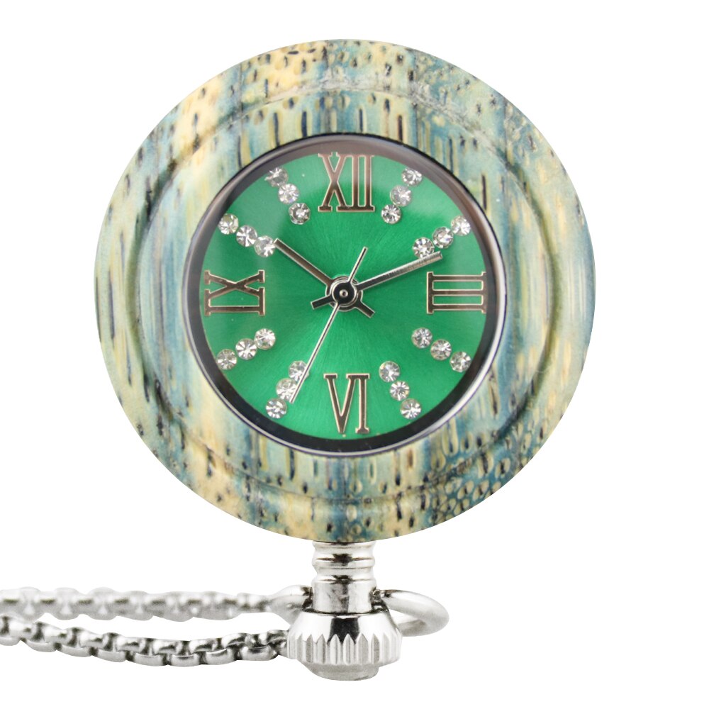 Novel Colorful Bamboo Wood Quartz Pocket Watch Arabic Numerals Round Dial Wooden Pendant Pocket Clock Men Women with Chain: C