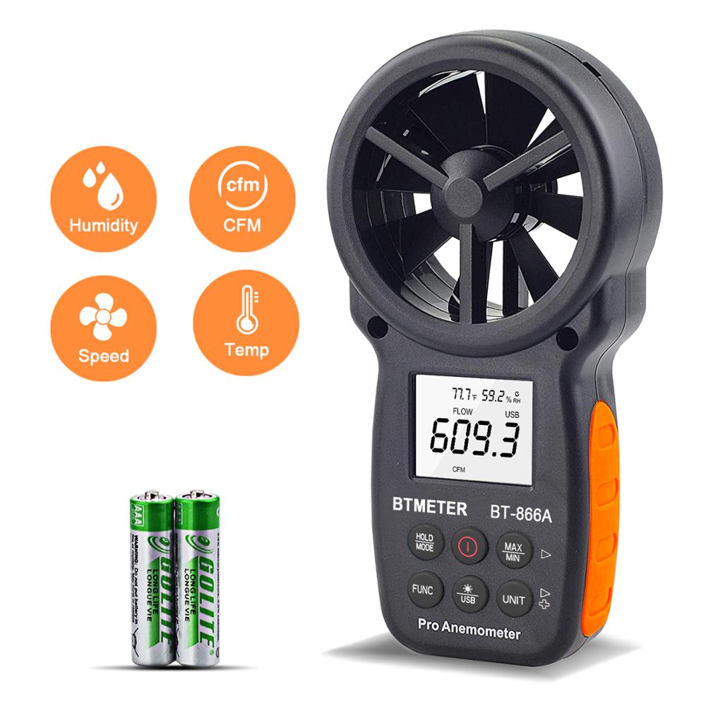 Anemómetro Digital de BT-866A, medidor CFM manual con conexión USB, medidor de flujo de aire, mide la temperatura del viento/velocidad del viento