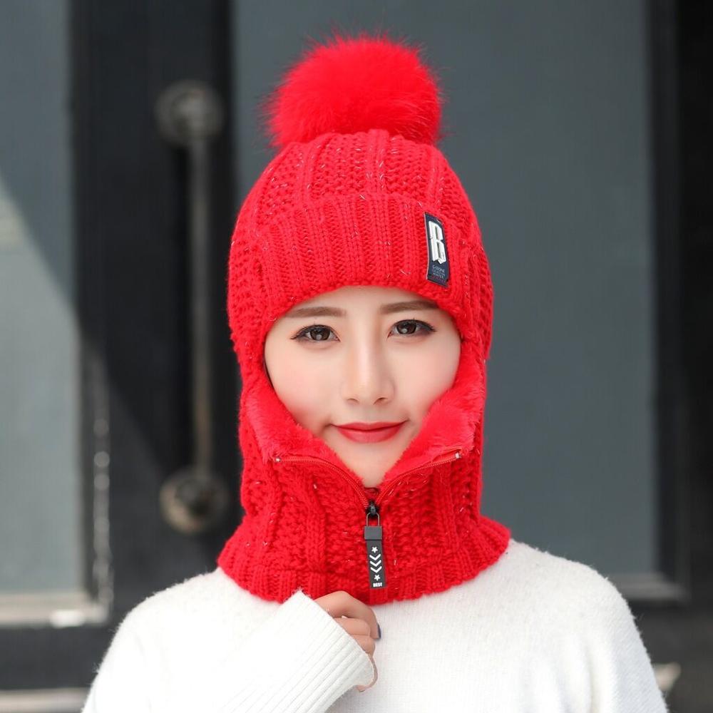 Vinter pige skihue strikket hat tørklæde siameser hat til kvinder varme beanies hat kvindelige ring tørklæde pomponer vinter hatte: Rød