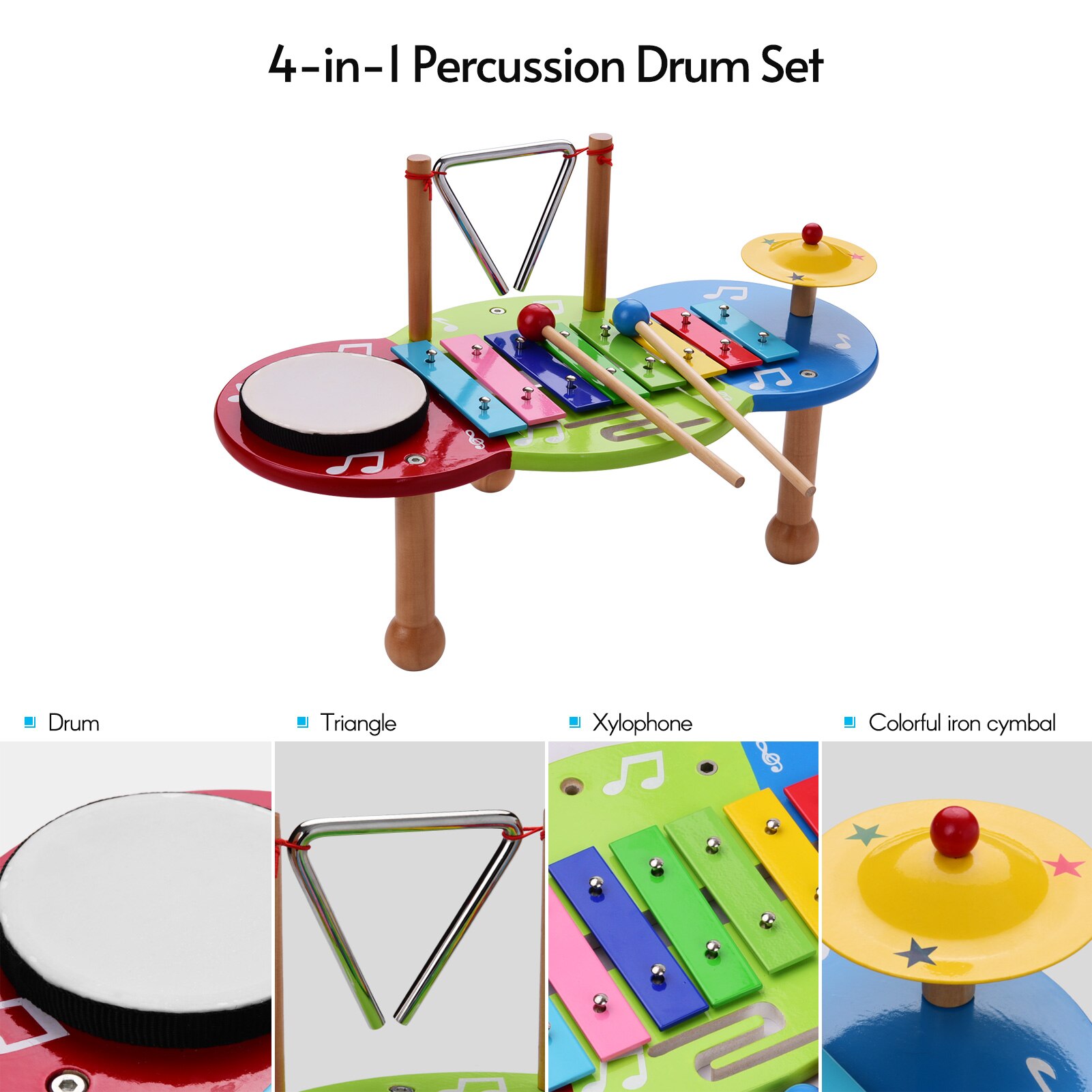 ammoon Kids Percussion Instrument Set Percussion Drum + Iron Cymbal + Xylophone + Triangle Set Colorful