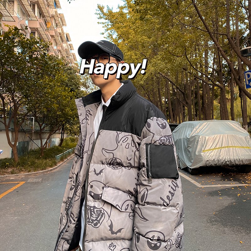 Lappster herr japansk streetwear svart pufferjacka herr harajuku patchwork vinter bubbelrockar manlig spöke hip hop parka: Mörkgrå / 5xl