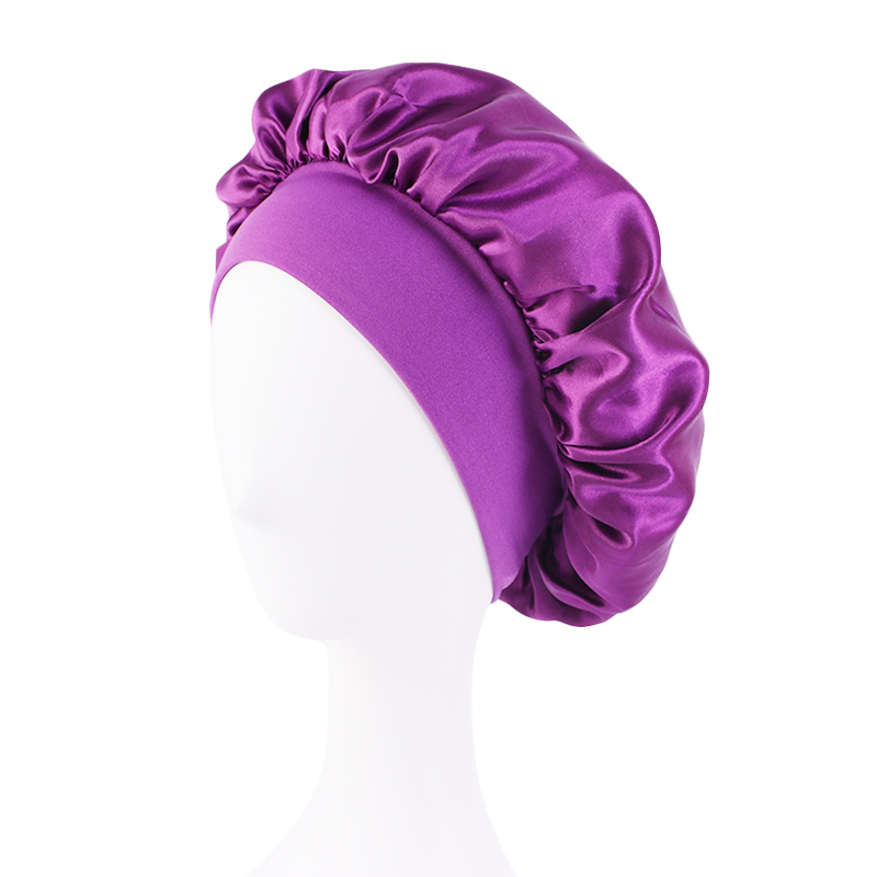 Satin Wide Brim Nightcap Silky Bonnet Hair Wrap for Sleeping Sleep Cap With Elastic Soft Band Styling Cap Hair Wrapping Tool: PURPLE
