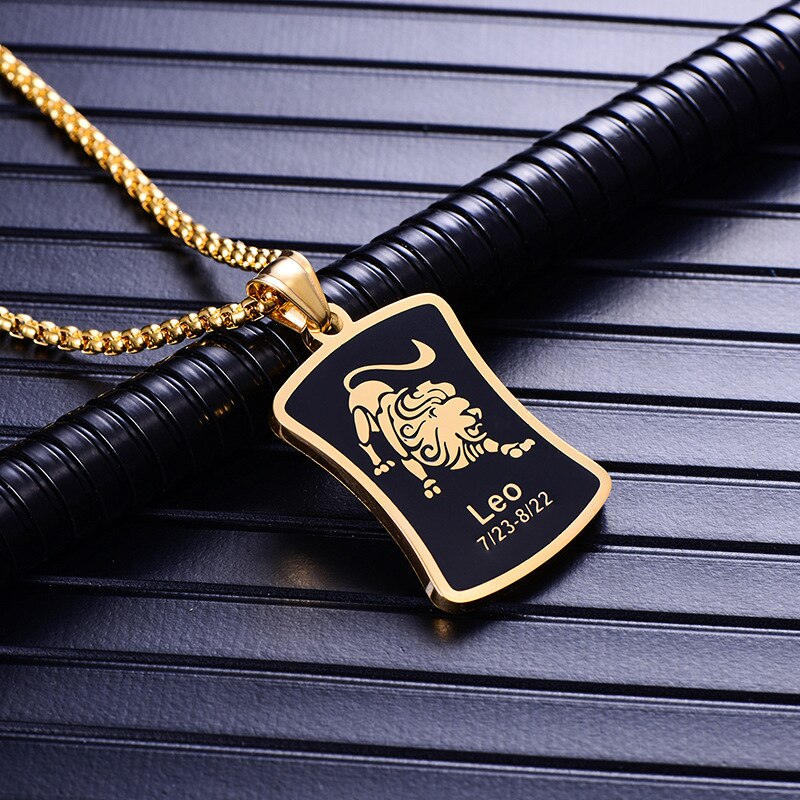 Zodiac sign 12 constellation pendant men necklace stainless steel male accessories gold simple silver necklace chain Square card: U gold