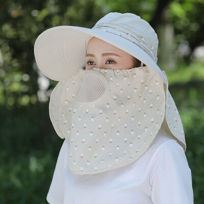 Ploermin beschermkap zomer zonnehoeden dames nek gezicht zonnebrandcrème brede rand ademend vissershoed zonnemasker pet buiten: Beige