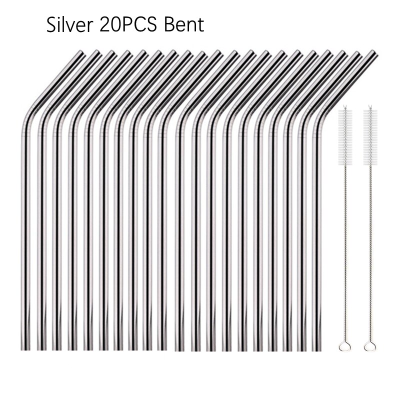 6*215Mm 10 Kleuren Milieuvriendelijke Herbruikbare Metalen Rietjes Set 304 Rvs Rietje Cocktail Party Favor Bar accessoire: Silver Bent